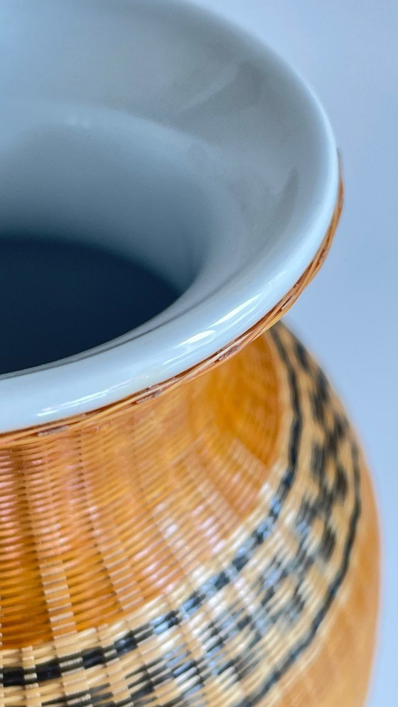 Image 1 of Vintage Woven Bamboo and Fine Porcelain Vase
