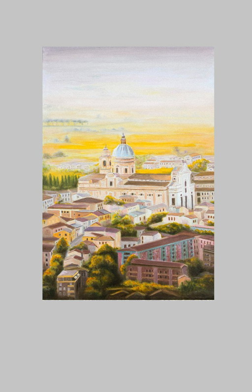 Cuadro de Asís en Italia. Cuadro de Paisaje Urbano. Paisaje al Óleo. Asís Pintado al Óleo. Pintura al Óleo de Asís en Italia.