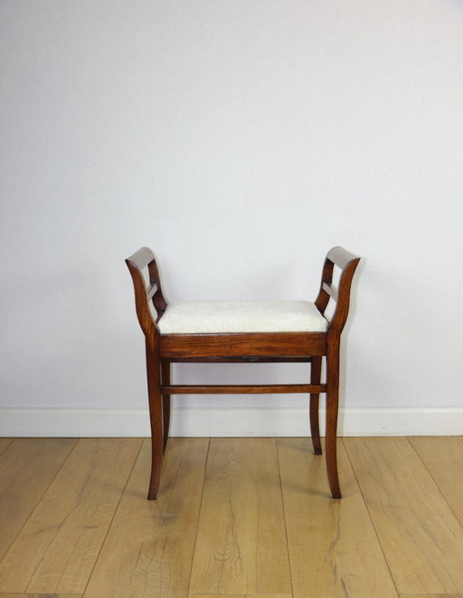 Hocker Sitz Weiß-Creme Samtstoff Eiche Art Deco