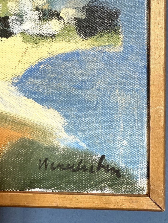 Image 1 of Peinture à l'huile moderniste « Village d'Ibiza » de Stig Wernheden (1921-1997)