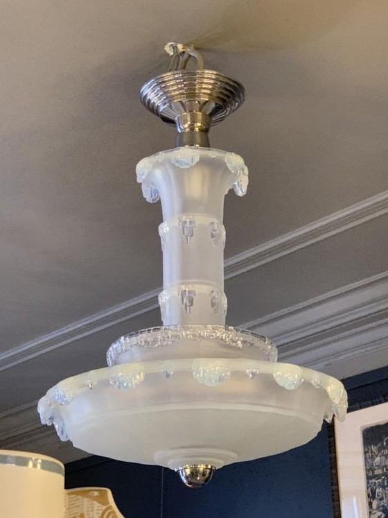 Art Deco Cascade Opaal Matglas Kroonluchter van Jean Gauthier voor Ezan, jaren 30 (photo 14 of 18)