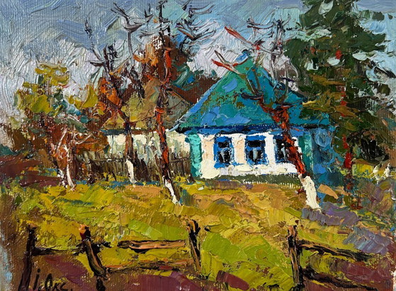 Image 1 of Original Oil Painting Spring Village Landscape Cold March days