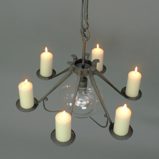 Manfred Bergmeister (1927-2019) - Brutalist handmade wrought bronze pendant lamp / six light candelabra