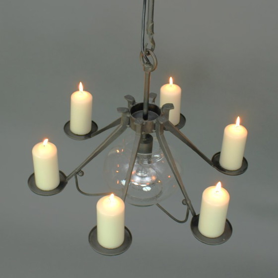 Image 1 of Manfred Bergmeister (1927-2019) - Brutalist handmade wrought bronze pendant lamp / six light candelabra