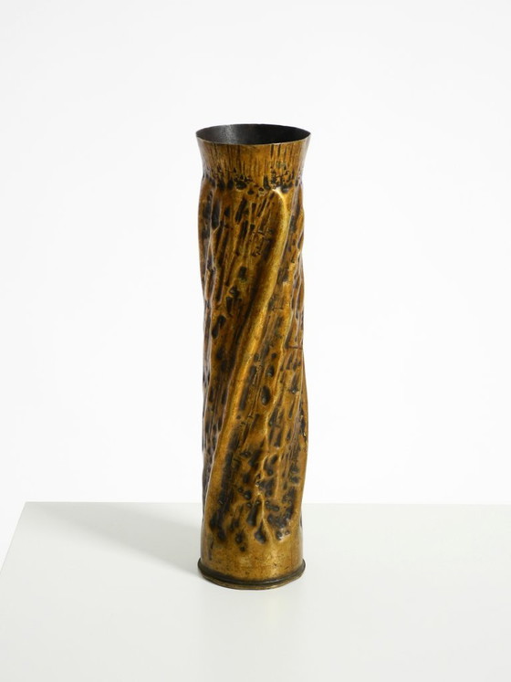 Image 1 of Unique large brass vase in a Brutalist design, handcrafted in December 1975