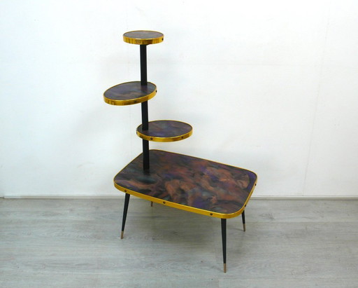50er 60er Blumenständer Blumentisch Etagere 4 Ebenen, Dunkel Violett Marmoriert, Mid Century Modern