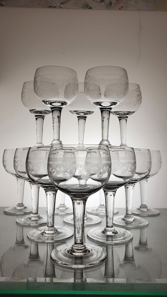 Image 1 of 9 Guilloche Wine Glasses Deb. 20th C.