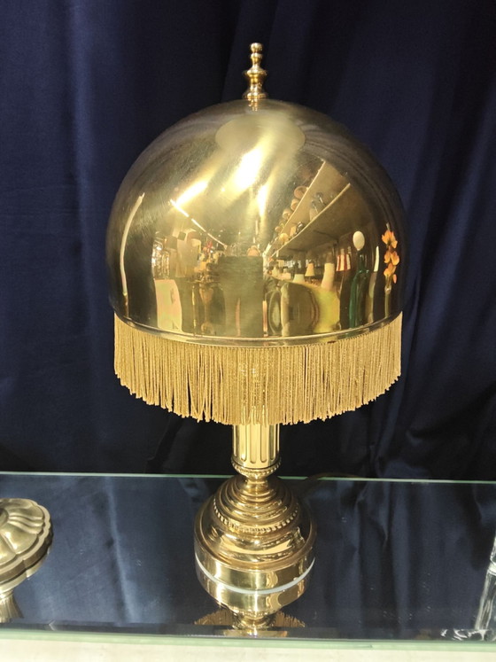 Attractive Vintage Table Lamp in Hollywood Regency Style, Metal, Textile, Gold (photo 3 of 8)