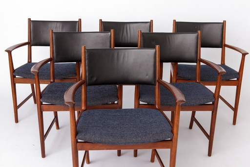 Set of 6 Kai Lyngfeldt Larsen Armchairs, Vejen Denmark 1960s, Danish Teak Chairs, Leather Back, Mid Century Modern