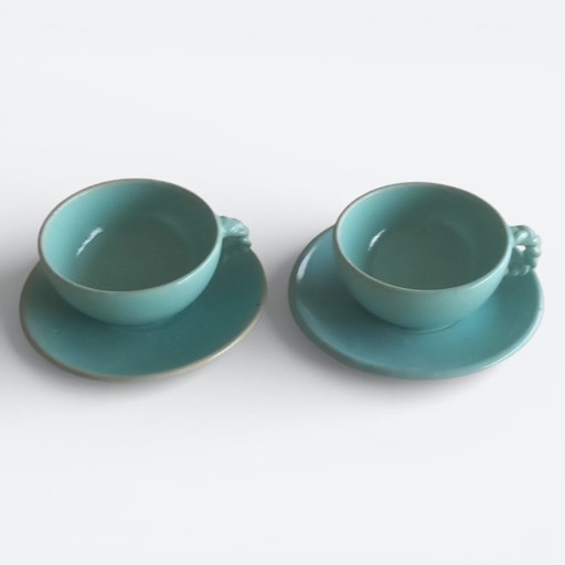 Ensemble de 2 tasses et soucoupes en grès soufflé à la main, datant du milieu du siècle (1960-1970) – céramique d'atelier