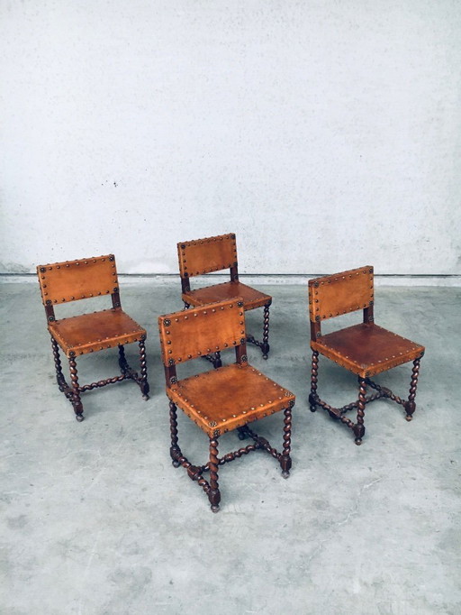 Sedie laterali in pelle marrone chiaro e quercia in stile inglese Cromwell, primi anni del 1900