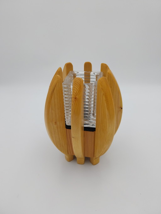 1 x Swedish pine candlestick with glass insert. 1970's