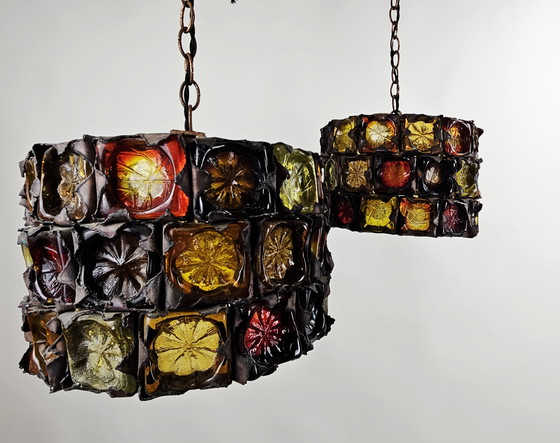 Image 1 of Sehr seltenes und einzigartiges Set brutalistischer Pendelleuchten aus Glas und Metall von Felipe Delfinger für Feder, Mexiko, 1