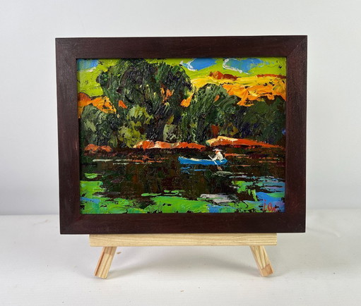 Original Oil Painting Summer River Landscape Willows bent over the silence