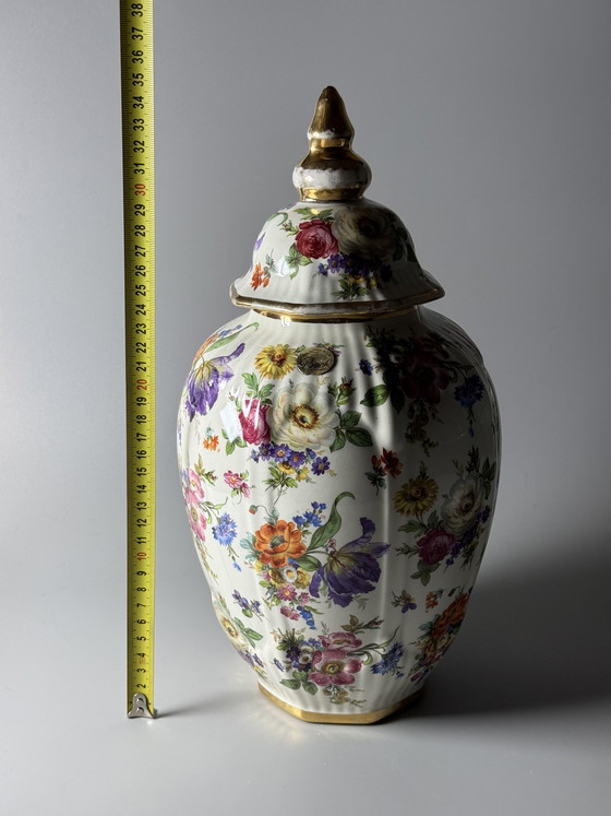 Image 1 of Pot à couvercle Boch Frères La Louvière Keralux – Motif floral « Bouquet de Saxe » – Art déco belge, années 1930/1940