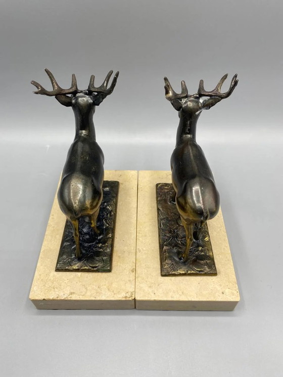 2 Bronzed Spelter Deer Bookends on Marble Base, Art Deco Animal – Sculpture (photo 5 of 8)