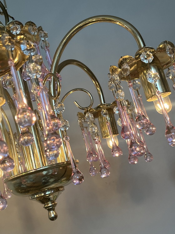 Image 1 of XL Vintage Chandelier Pink Teardrop Pendant Lamp from Murano