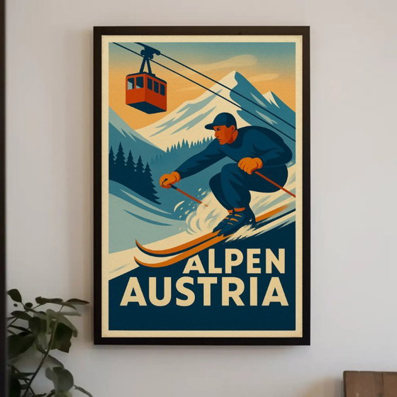 Poster sciatore Alpi austriache stile vintage, Carta, Blu (foto 6 di 6)