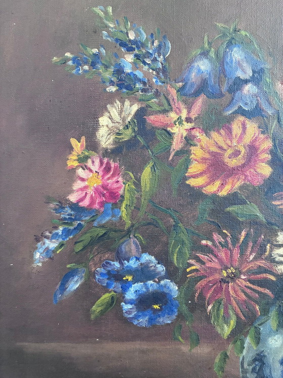 Image 1 of Vintage original floral oil painting with blue and white vase
