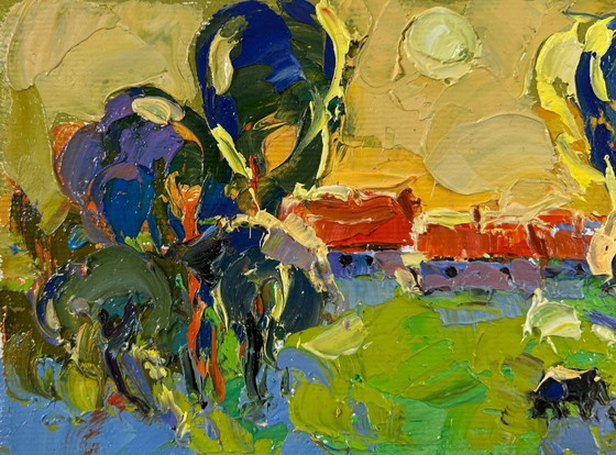 Image 1 of Original Oil Painting Sunset Summer Landscape Gold on the horizon