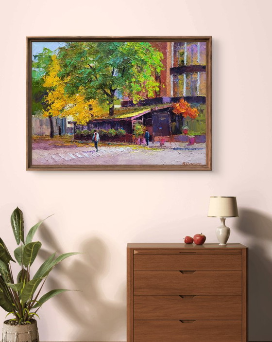 Image 1 of Original Oil Painting City Urban Life Cafe Wine and Friend