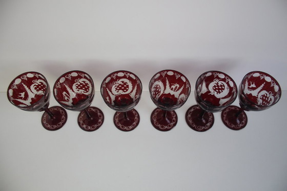Image 1 of Antique Set of 36 pieces of Artistic cut Ruby red glass, Egermann, 1950's. 