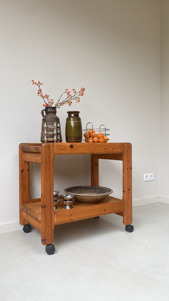 Image 1 of Chariot/chariot de service vintage en bois/pin sur roulettes