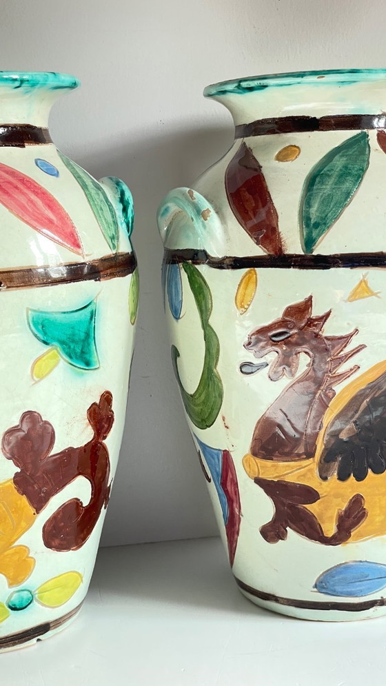 Image 1 of Italian Majolica Vases with Dragon Motif