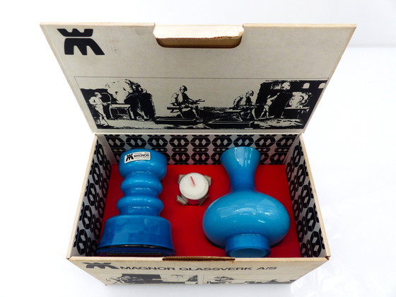Image 1 of Portavelas de cristal opalino azul turquesa, diseño escandinavo, Magnor Glassverk, Noruega, Circa 1960
