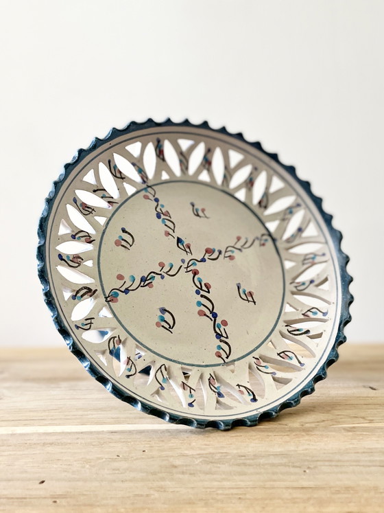Image 1 of Vintage Pedestal Cake Stand Hand Painted Ceramic Pierced Compote Blue Turquoise Rustic French Country Decor