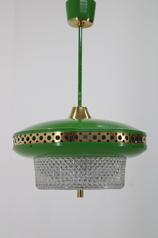 Vintage Space Age pendant lamp in green metal and brass for Ludib Bratislava, Czechoslovakia 1970