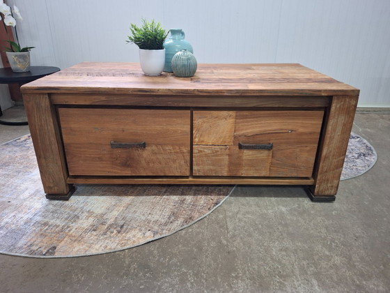 Image 1 of Table basse en teck recyclé avec 4 tiroirs, neuve