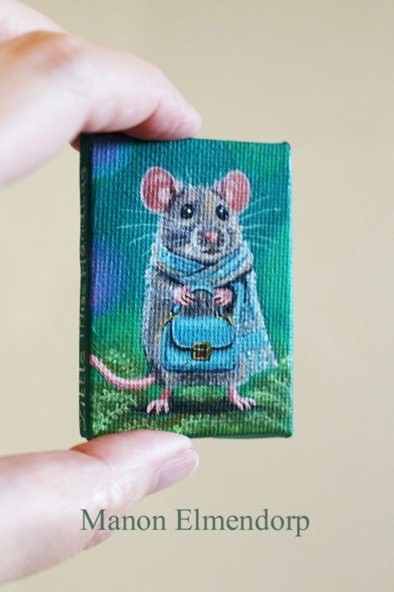Image 1 of Unique Hand-Painted Little Mouse with Handbag Painting New