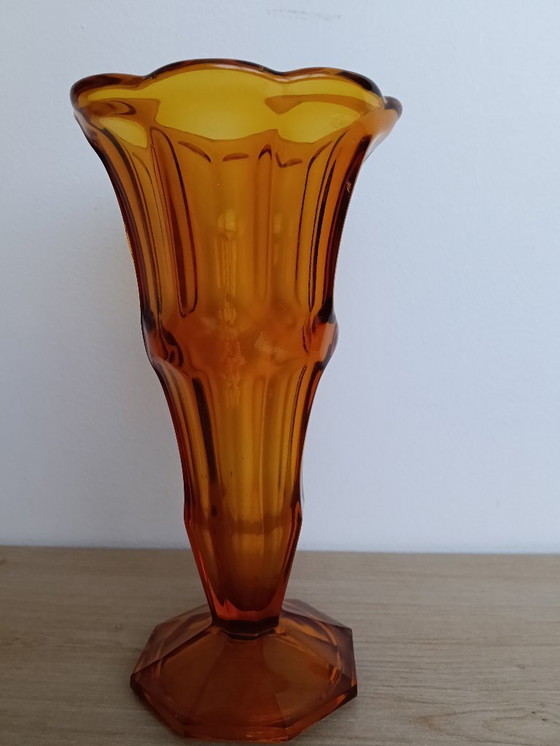 Image 1 of Amber color pressed glass art deco model vase