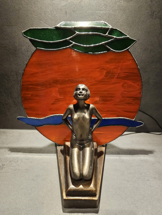 Image 1 of Art Deco lamp MCM 1960, probably bronze with Tiffany style glass shade.