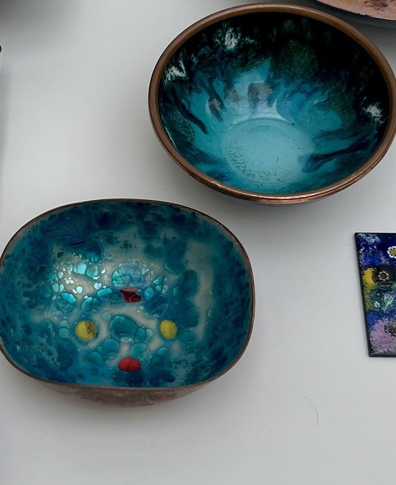 Image 1 of Mid-Century Copper Enamel Collection of Handcrafted Bowls & Vases (9 pieces)