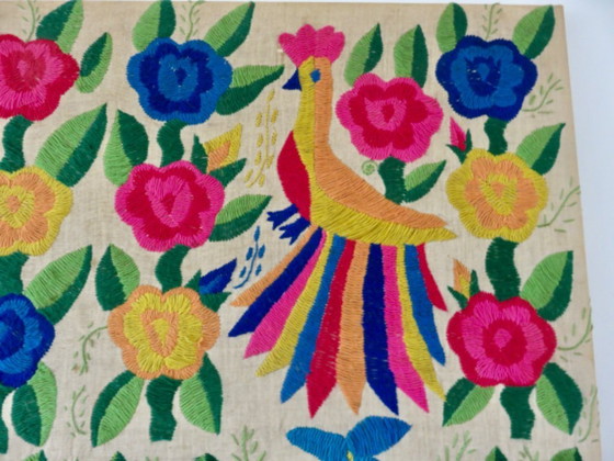 Image 1 of Large Mexican tapestry "otomi tenango", colorful flowers and birds, 1970