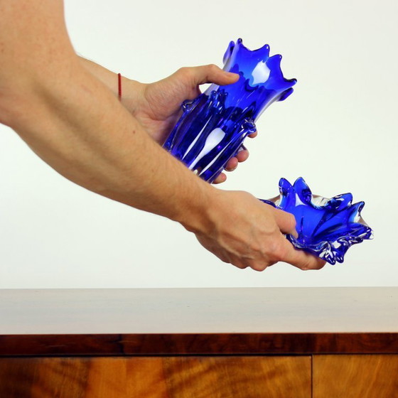 Image 1 of Cobalt Blue Art Glass Set By Jaroslav Taraba For Lednické Rovne, Czechoslovakia, 1960s