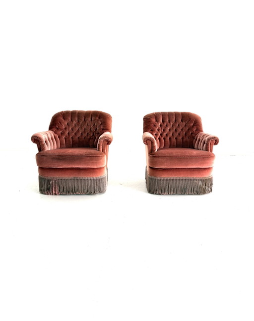 Set Van 2 Vintage Velours Fauteuils ‘60 – Wood, Metal