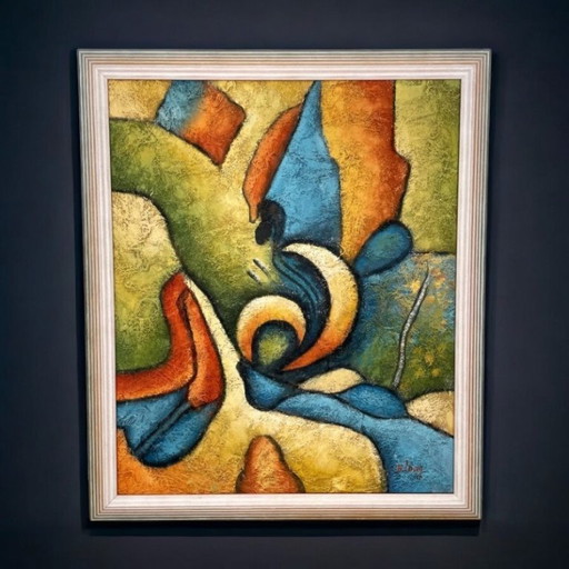 Bill B. Long Modernist Abstract Painting in Original Rainbow Frame