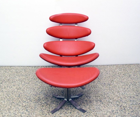 Image 1 of Poltrona Corona di Poul Volther con pouf, replica in pelle degli anni '90