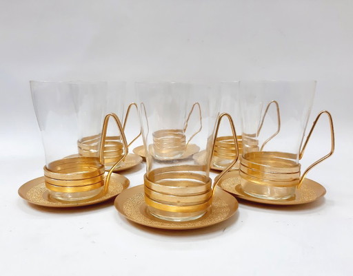 Set di 6 tazze in vetro con portabicchieri in rame/ottone con piattini