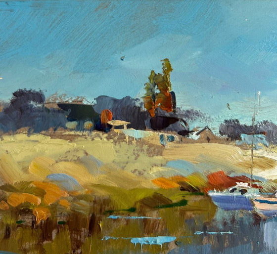 Image 1 of Original Oil Painting Summer Village Landscape Sailboats on the shore