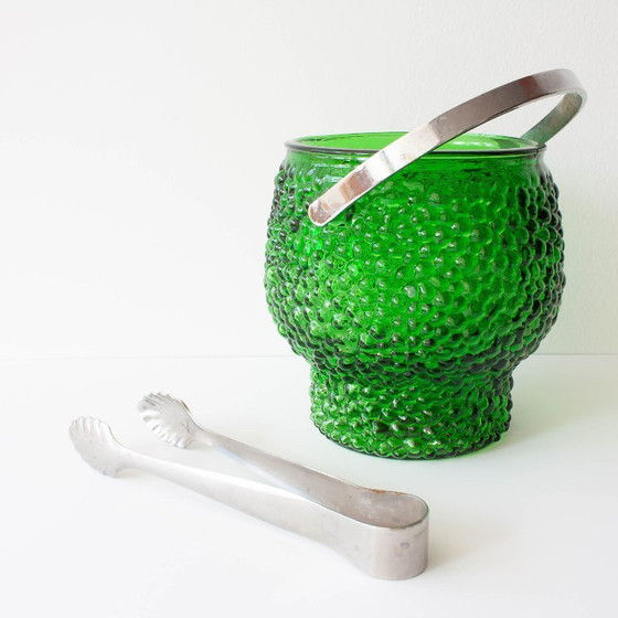 Image 1 of Vintage Green Set of 6 Cocktail bubble glasses, ice bucket and ice clamps, 1970's