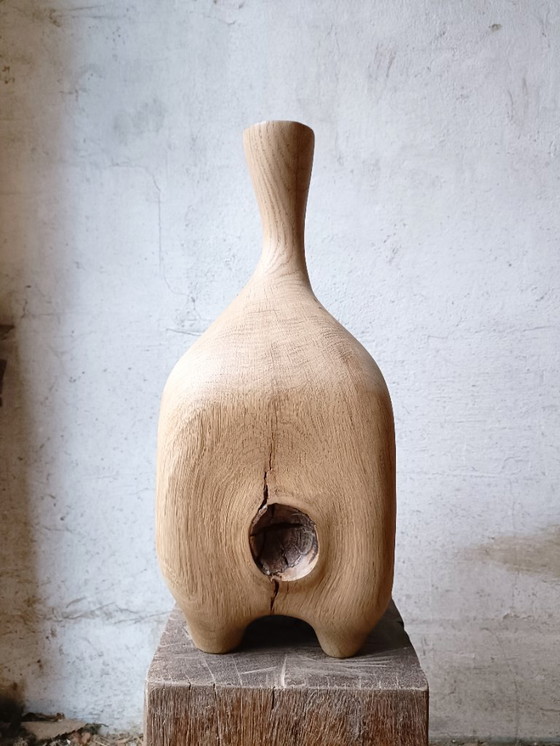 Image 1 of Large Vase/Bottle in Carved Solid Oak