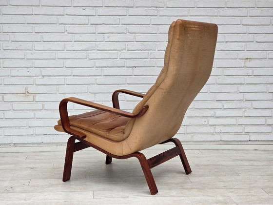 Jaren 70, Scandinavische Hoge Rug Fauteuil, Meubelleer, Gebogen Hout – Canvas (photo 6 of 20)