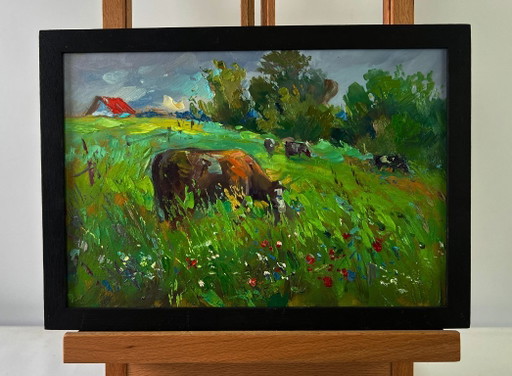Original Oil Painting Summer Nature Landscape Cows In A Flower Field