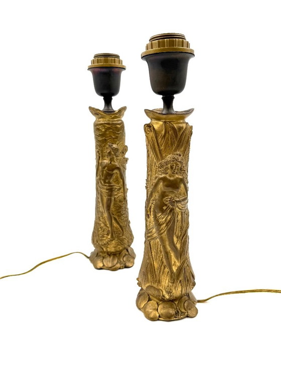 Art Nouveau Set of 2 Bronze Table Lamps, Paul Louchet France Ca. 1900s (photo 4 of 10)