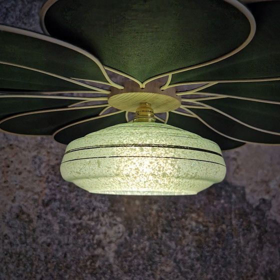 Image 1 of Rattan and Linen Flower Hanging Lamp Fir Green - Luminaires Artisanaux