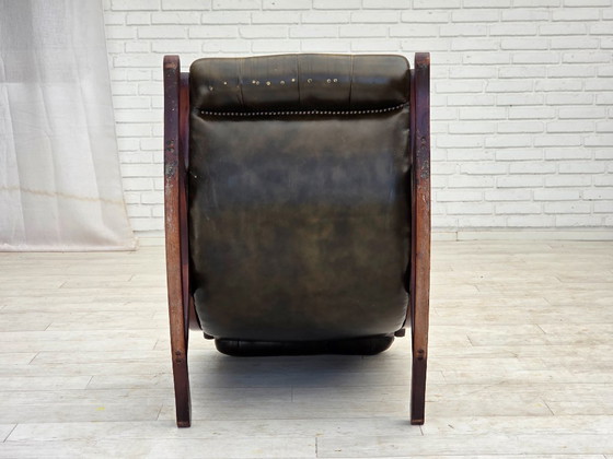 Image 1 of Anni '50, sedia a dondolo Chesterfield, pelle verde originale, legno di teak.
